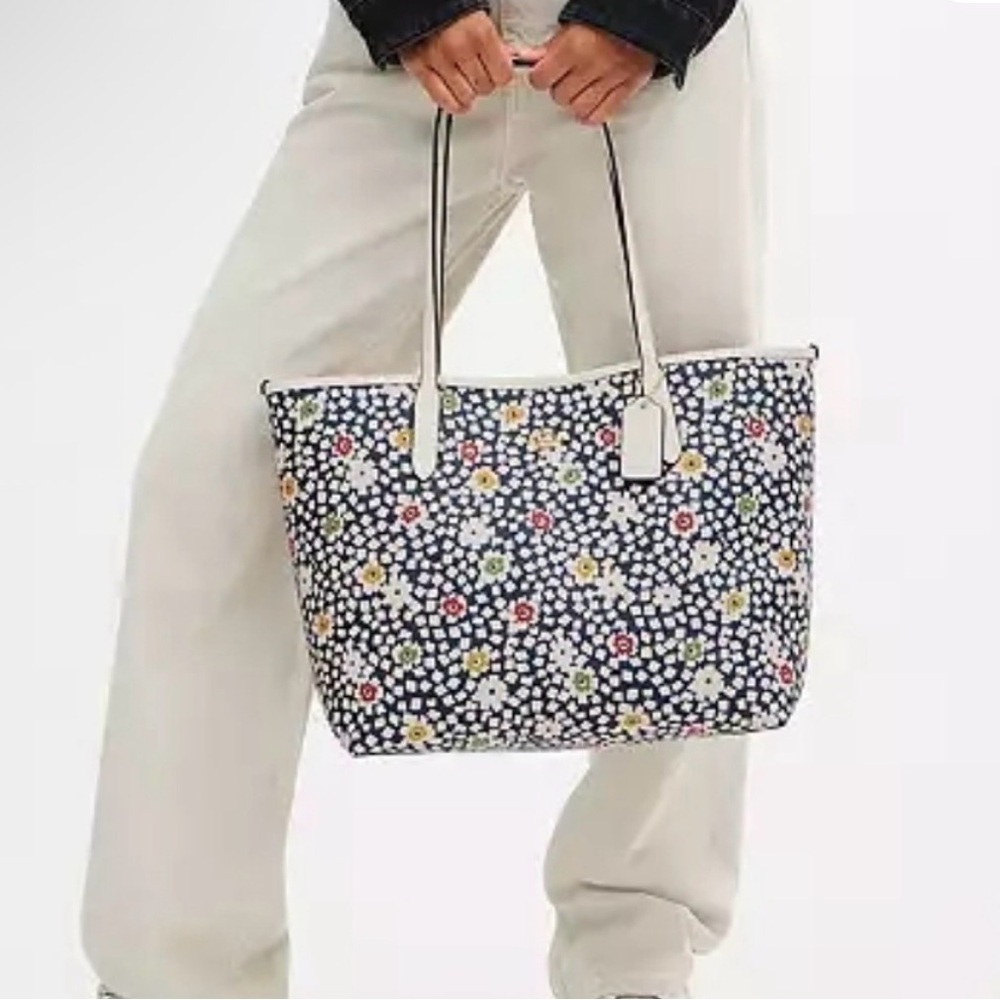 Coach Floral Tote Bag in Navy, White, Yellow, Red, Green